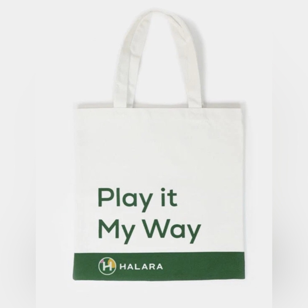 New in Bag TWO Large HALARA White and Green Slogan Totes 14” x 14”
